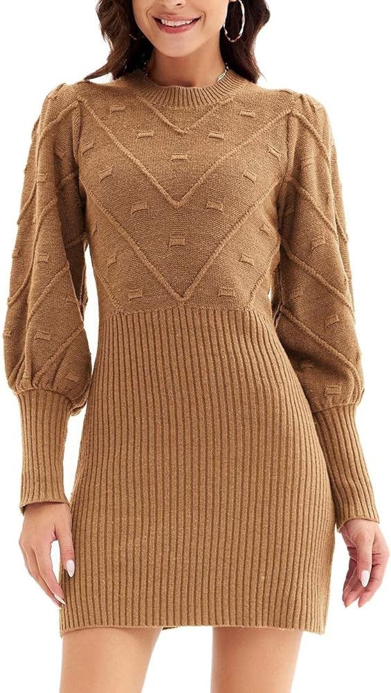 CURLBIUTY Pullover Sweater Dress for Women Long Sleeve Slim Knit Bodycon Pencil Dress Brown S | Amazon (US)
