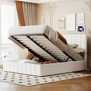 White Wood Frame Queen Size Upholstered Platform Bed with a Hydraulic Storage System | The Home Depot
