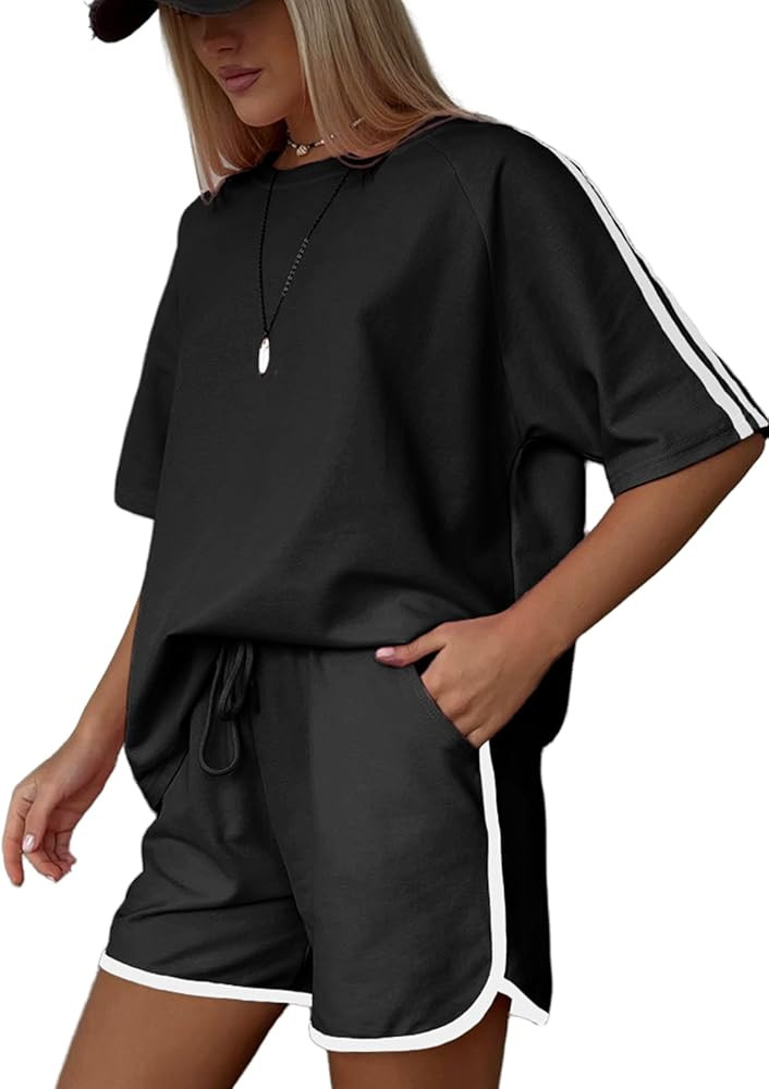 Dqbeng 2 Piece Sets for Women Summer Casual Crewneck Tops Drawstring Shorts Athleisure Matching L... | Amazon (US)
