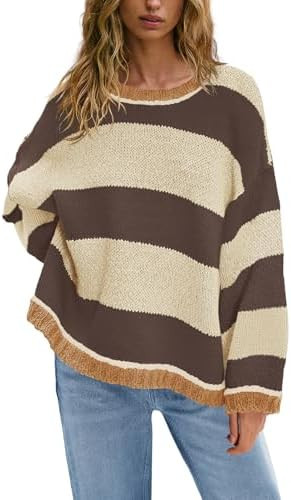 Nirovien Womens Oversized Sweater Colorblock Striped Sweater Chunky Cable Knit Crewneck Pullover ... | Amazon (US)