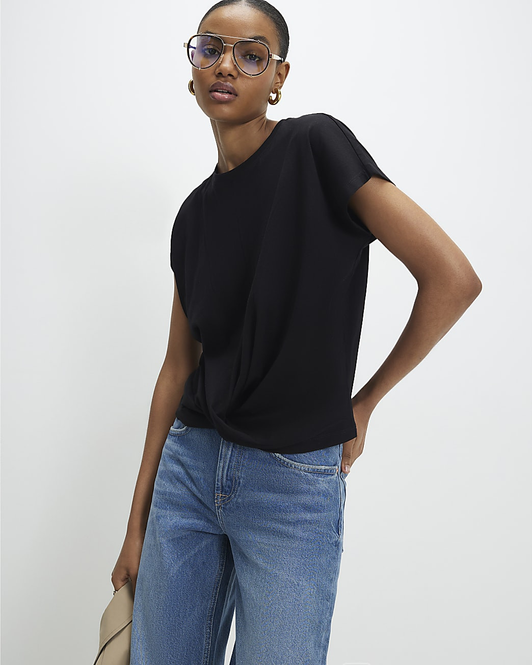 Black Short Sleeve Twist Front T-shirt | River Island UK & IE