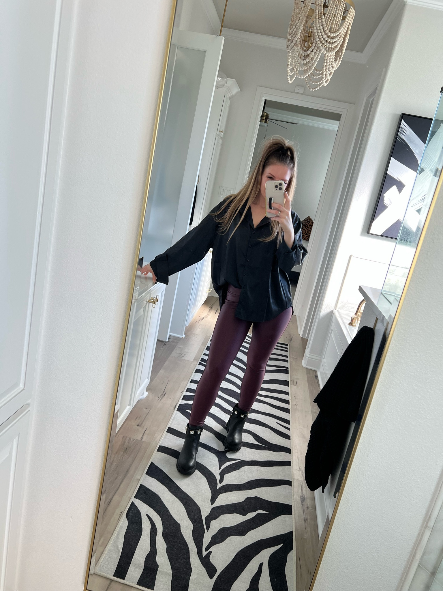 Amazon faux leather leggings that are so similar to Spanx! I love the wine red color. Great option for the holidays! Silk satin button up is great too! Fashion, outfit, clothes, leggings, button up, shoes, boots, affordable outfit

#LTKstyletip #LTKHoliday #LTKbeauty