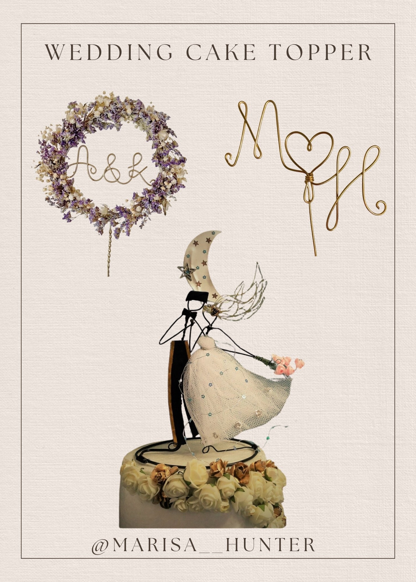Wedding cake topper 🎂 

Custom cake topper dried flowers metal wire cake topper rustic monogram initials anniversary wedding decoration bride and groom figurine 

#LTKWedding #LTKParties
