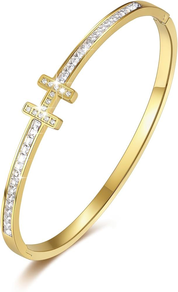 PICKBEAU 18K Gold Plated Bracelet With Cubic Zirconia Simulate Diamond Belt Bangle for Women Girl... | Amazon (US)
