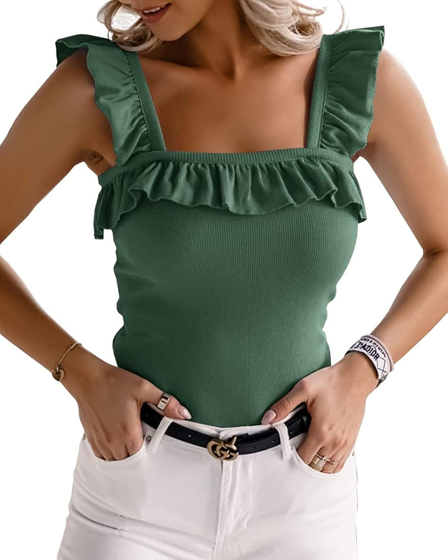 Women's Cute Square Neck Sleeveless Ribbed Ruffle Strap Tank Top Bodysuits | Amazon (US)
