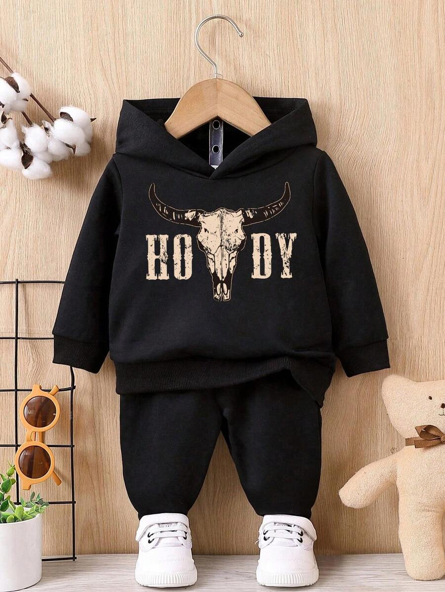 SHEIN Crow Boy Baby Boy Casual Simple Western Bull Head Pattern Loose Knitted Soft Hoodie Suit, T... | SHEIN