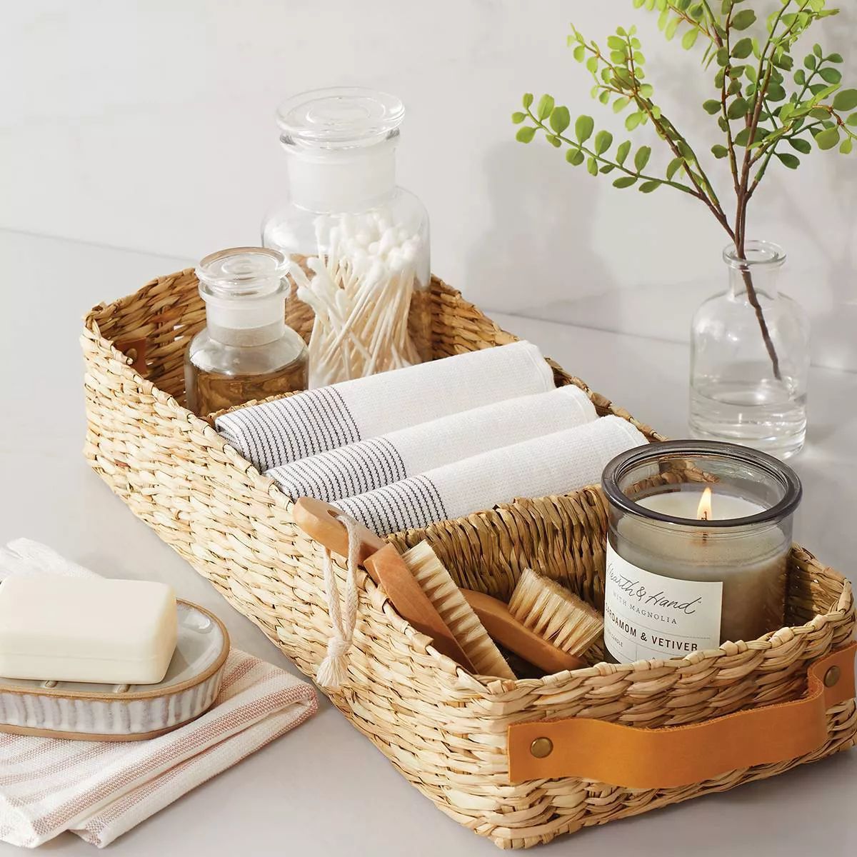 3 Compartment Woven Tank Tray with Leather Handles Beige - Hearth & Hand™ with Magnolia | Target