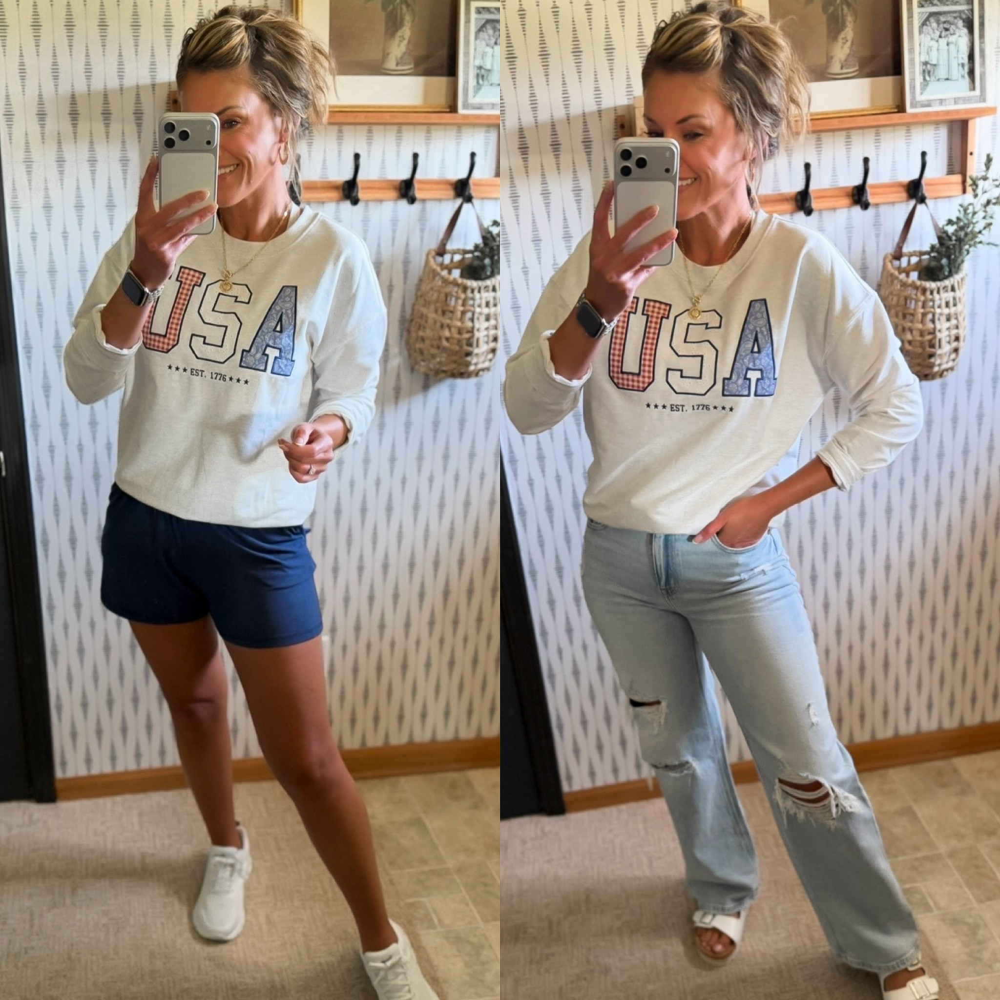 Will it be warm enough MDW for shorts or will I need the jeans??? 🇺🇸 
Sweatshirt/ small 
Shorts/ medium 
Jeans/ 6

#LTKOver40 #LTKSeasonal