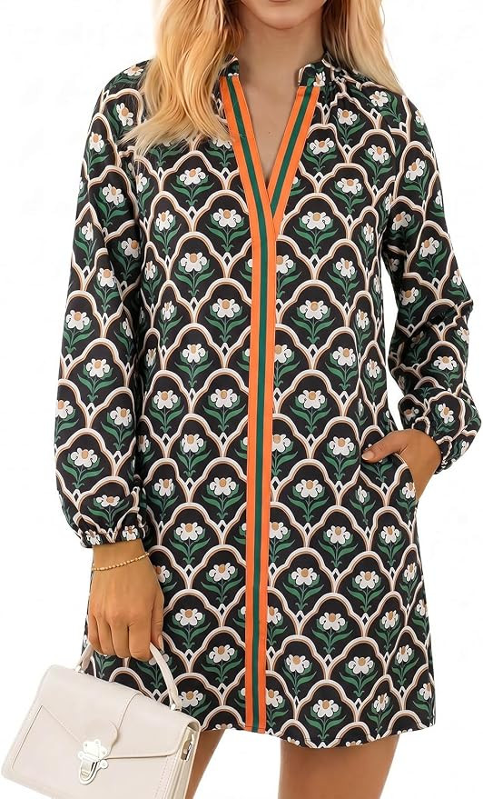 Wenrine Womens Long Sleeve Dresses Casual Boho V Neck Beach Mini Dress | Floral Style, Loose Fit,... | Amazon (US)