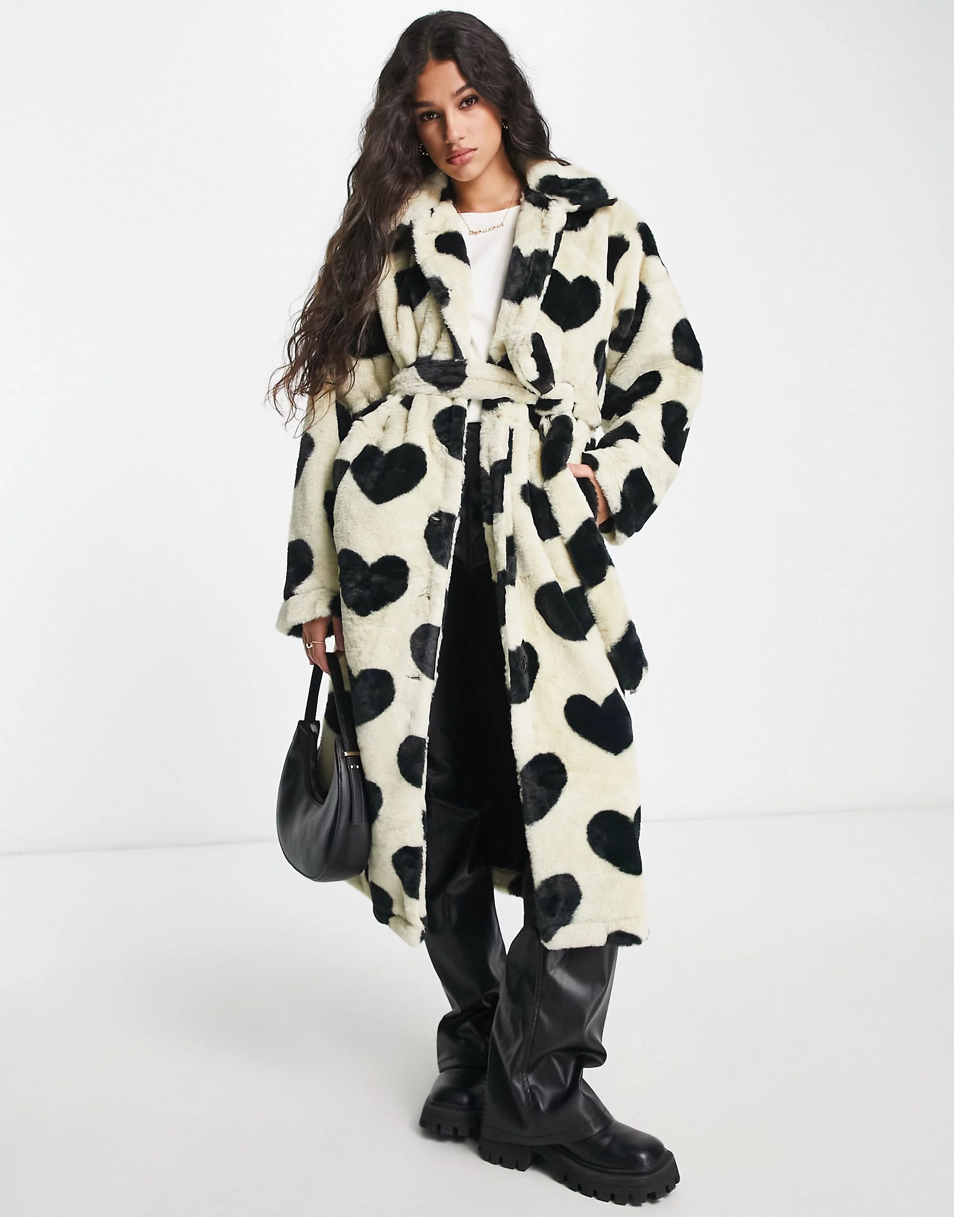 Pieces longline faux fur coat in black & white heart print | ASOS (Global)