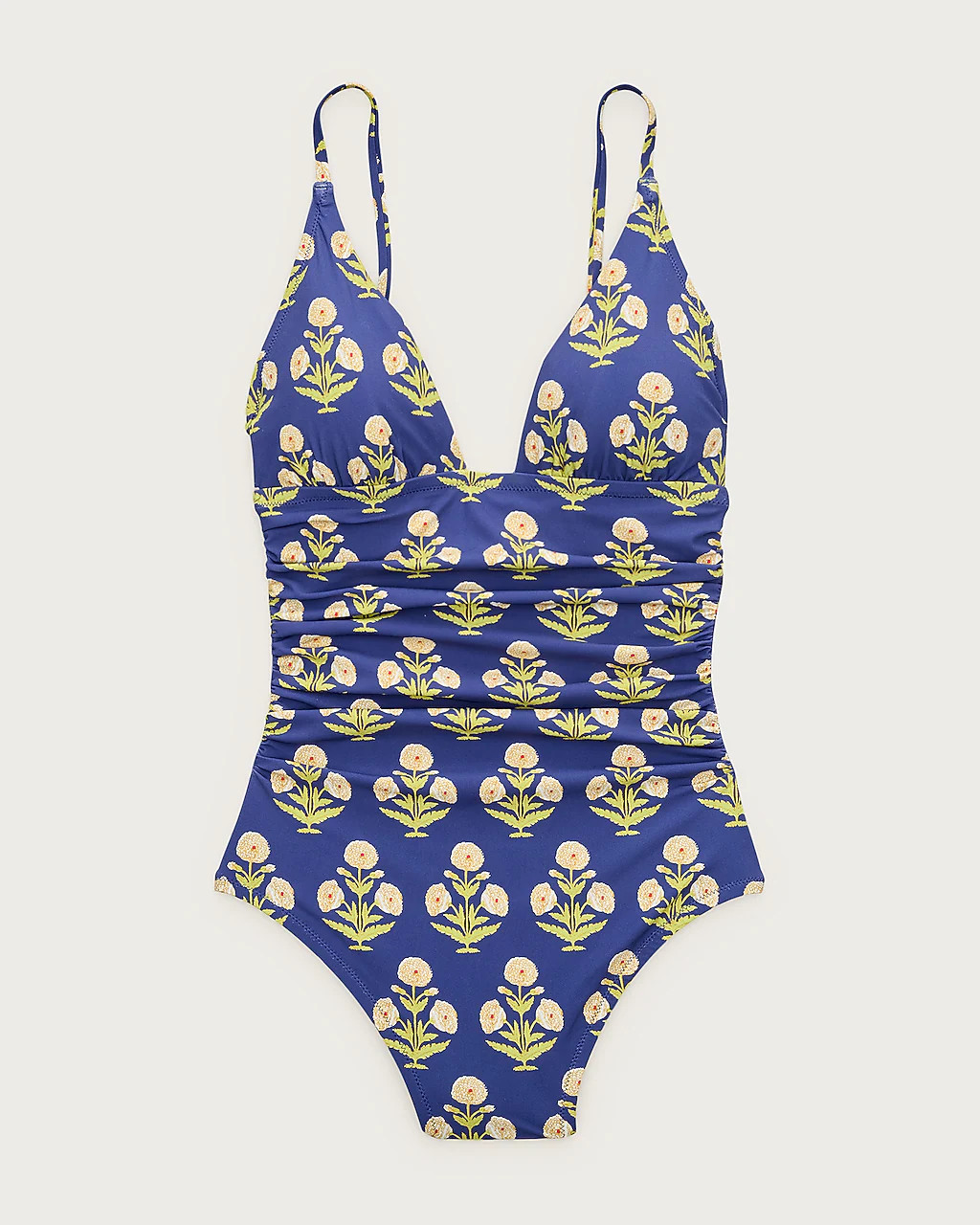 Ruched V-neck one-piece in marigold block print | J. Crew US