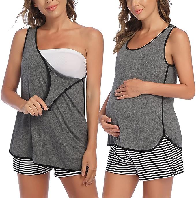 Ekouaer Maternity Nursing Pajamas Sleepwear Set Shorts Striped for Hospital Home | Amazon (US)