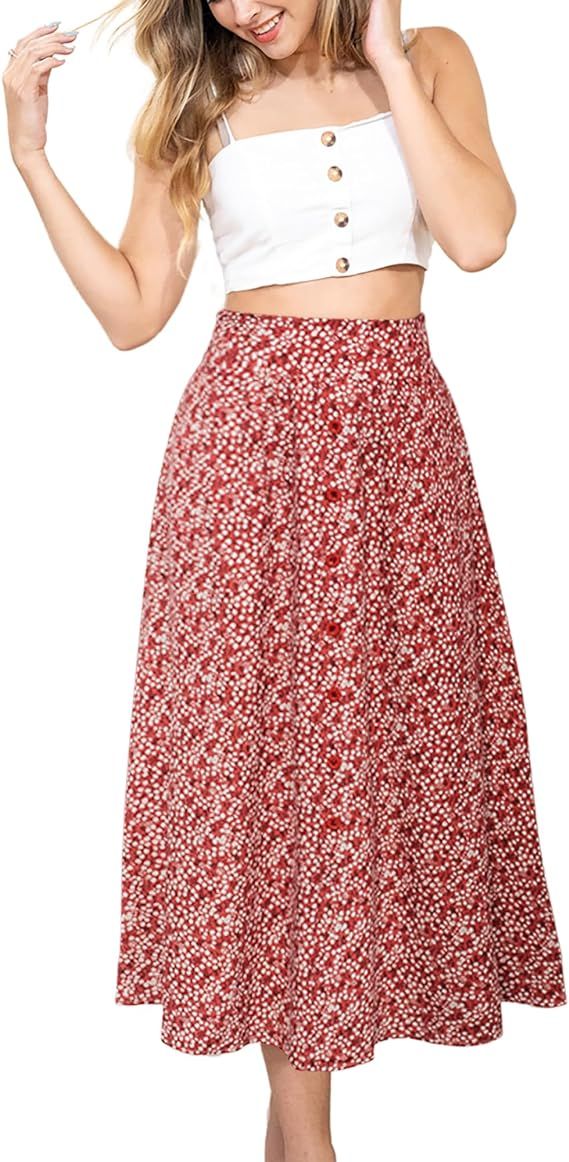 Kate Kasin Women's 2024 Boho Floral Maxi Skirt Elastic High Waisted Casual A Line Slit Long Swing... | Amazon (US)