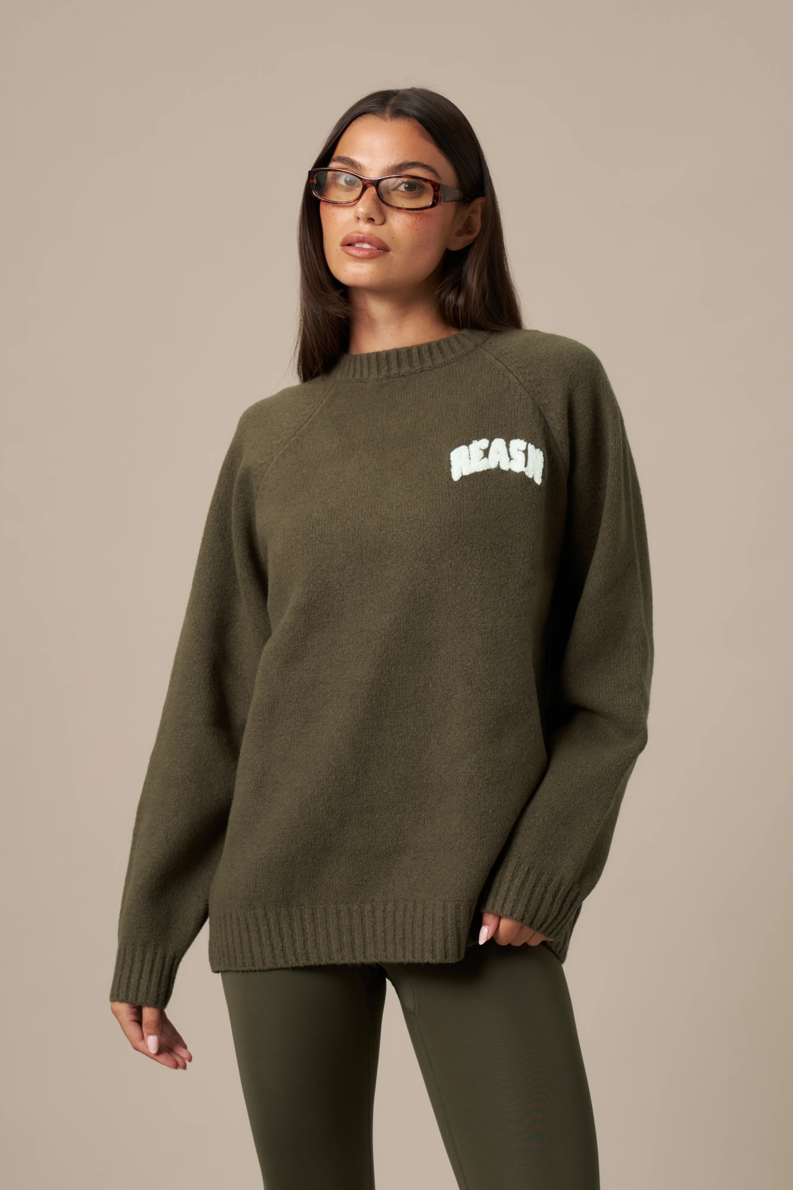 Knitted Crew Neck Oversized Jumper - Dark Olive | Reasn