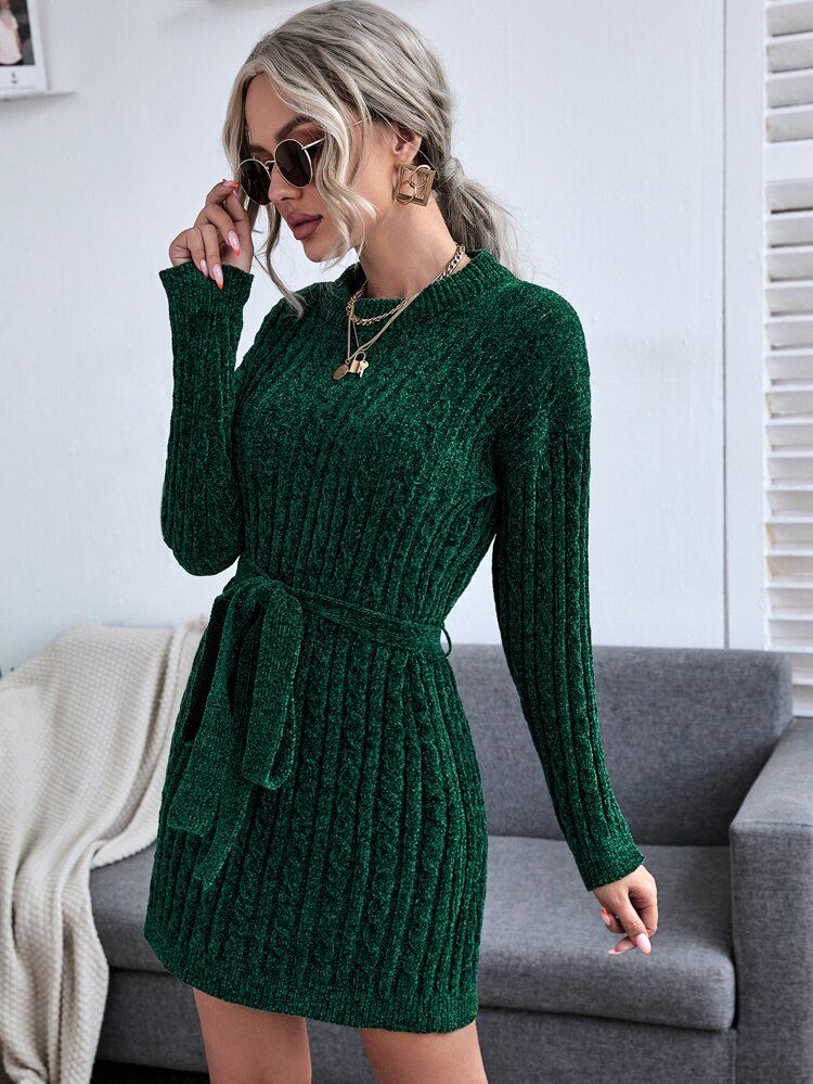 Ribbed Knit Self Tie Sweater Dress | SHEIN