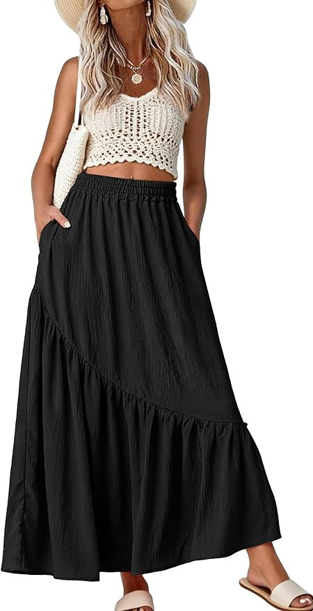 GRECERELLE Women's Boho Maxi Skirt High Waist Pleated A-Line Flowy Swing Asymmetric Tiered Long S... | Amazon (US)