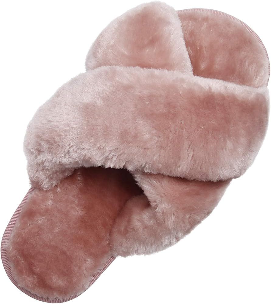 Women's Cross Band Soft Plush Fleece Slippers Indoor Outdoor House Slides Slippers for Women Girl | Amazon (US)