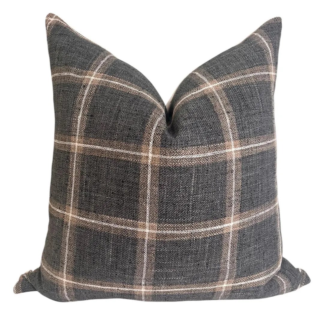 Beige and Blue-gray Plaid Cushion, Plaid Linen Pillow Cover, Neutral Toned Cushion, Buffalo Check... | Etsy (US)