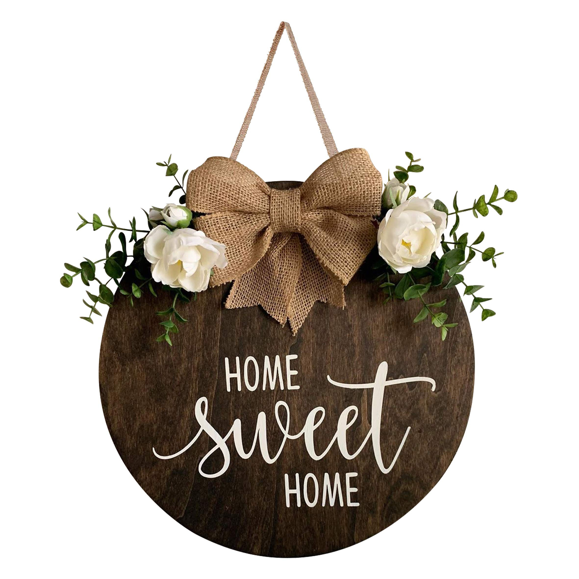 MayAvenue Home Sweet Home Wreaths Decor Sign Front Door, Round Wood Hanging Sign with Ribbon Bow ... | Amazon (US)