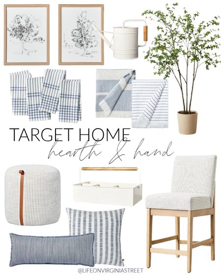 My current favorites and several new releases from Hearth & Hand! Items include wall art, a watering can, blue and white striped throw blankets, gingham woven napkins and a faux potted tree.  Additional items include a round fabric ottoman, a metal garden caddy, a blue lumbar pillow, a blue and white striped throw pillow and an upholstered counter stool.

spring décor, spring target, simple decor, coastal decorating, beach style, targetfanatic, targetdoesitagain, target home, target under 50, hearth and hand threshold, hearth and hand, hearth & hand home, magnolia target, hearth and hand new release, target faux plants, target under 25, magnolia home furniture, decorative pillows, target threshold, target is my favorite, target wall decor, target furniture, target pillows, target finds, target chairs, target pouf, ottoman, target home, living room decor, abstract art, art for home, framed art, canvas art, living room decor, coastal design, coastal inspiration #ltkfamily  #ltksale

#LTKfindsunder50 #LTKfindsunder100 #LTKSeasonal #LTKhome #LTKsalealert #LTKstyletip #LTKsalealert #LTKSale #LTKfindsunder100