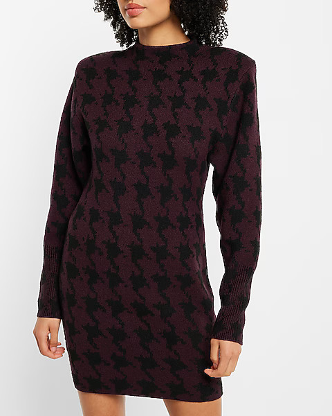 Houndstooth Mock Neck Padded Shoulder Sweater Dress | Express
