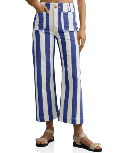 Tankaneo Womens Cropped Striped Jeans Casual High Waisted Stretchy Straight Leg Denim Pants with Pockets Navy | Amazon (US)