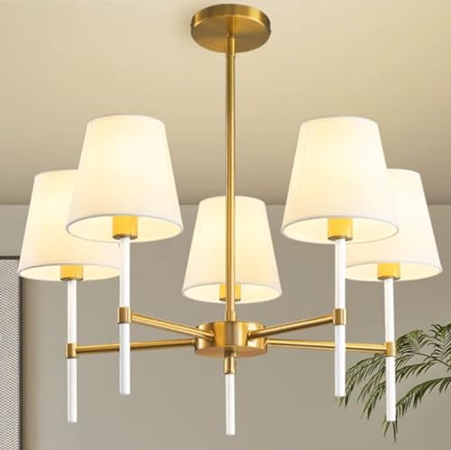 RUIYEY Dining Room Chandeliers Light - 5-Light White and Gold Modern Chandeliers Light Fixtures with White Fabric Shade, Height Adjustable Pendant Island Light for Entryway Farmhouse | Amazon (US)