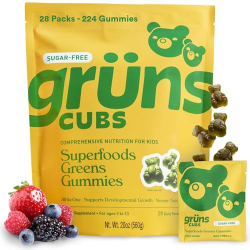 Gruns Kids Vitamins, Super Greens Gummies, Sugar-Free Superfood Gummy Bears With Spirulina, Chlorella, Prebiotics Fiber for Digestive Health, Adaptogens Supplement, 20 Vitamins & Minerals, 28 day Pack | Amazon (US)