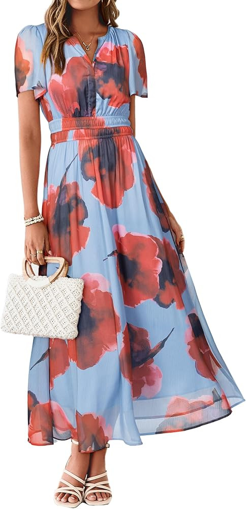 Simplee Women Floral Summer Maxi Dress Boho Flowy Casual Chiffon Short Sleeves V Neck Long Weddin... | Amazon (US)