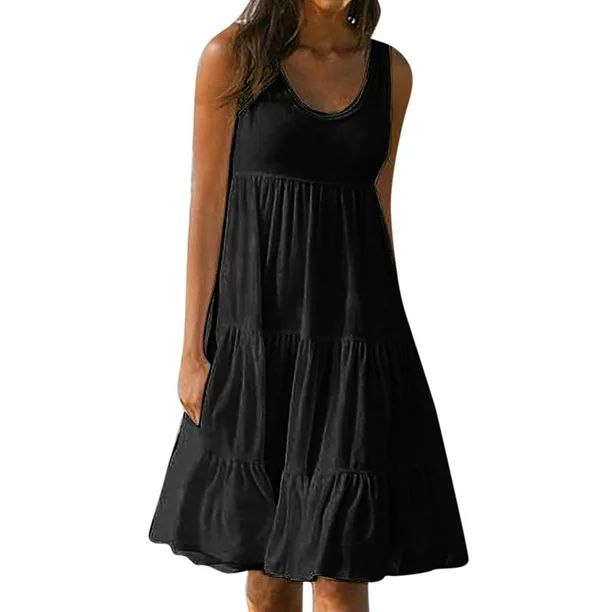 Naiflowers Womens Dresses Casual Loose Solid Scoop Neck Sleeveless Pleated Flowy Swing Tank Dress... | Walmart (US)