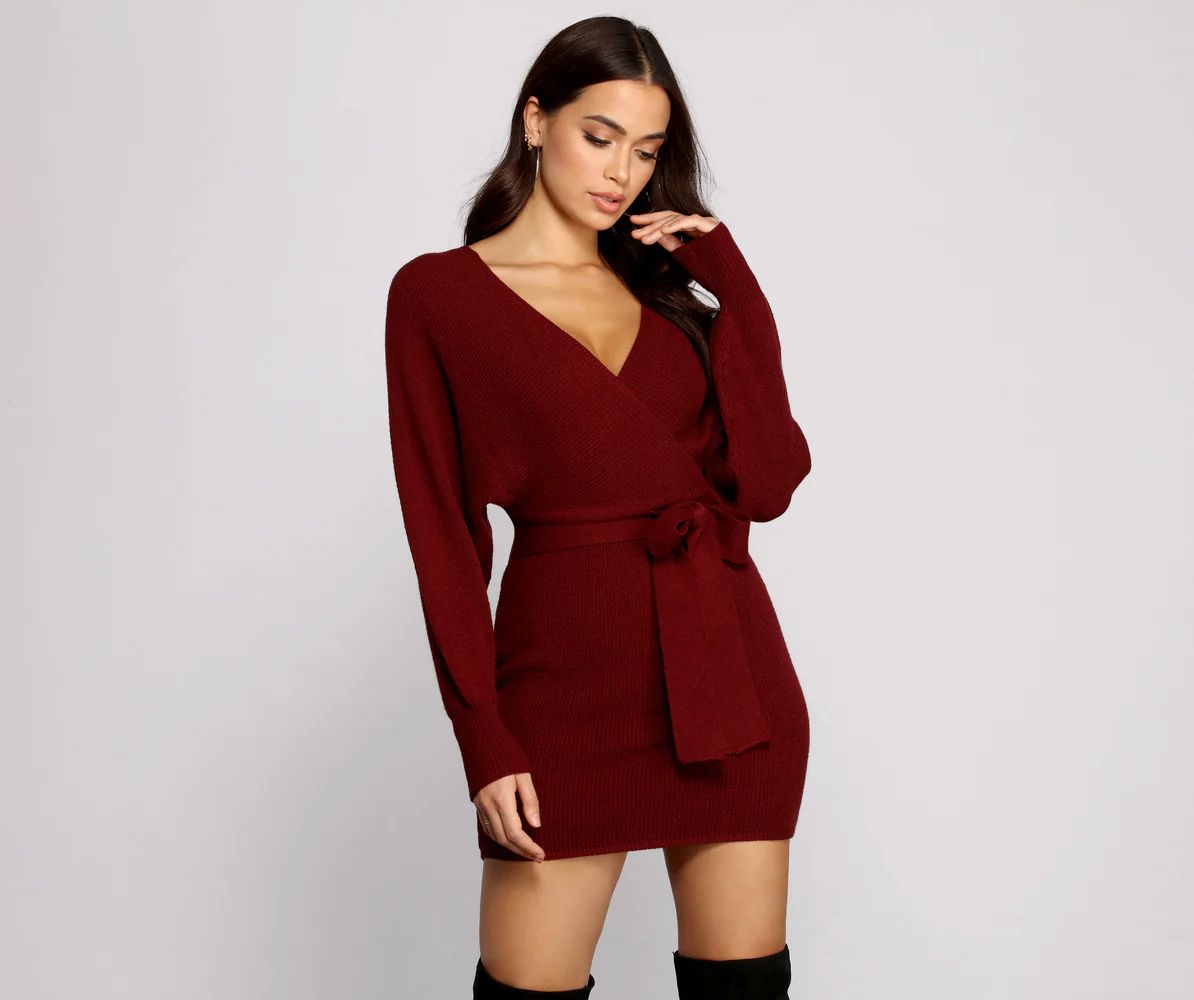 Tie Front Wrap Mini Sweater Dress | Windsor Stores