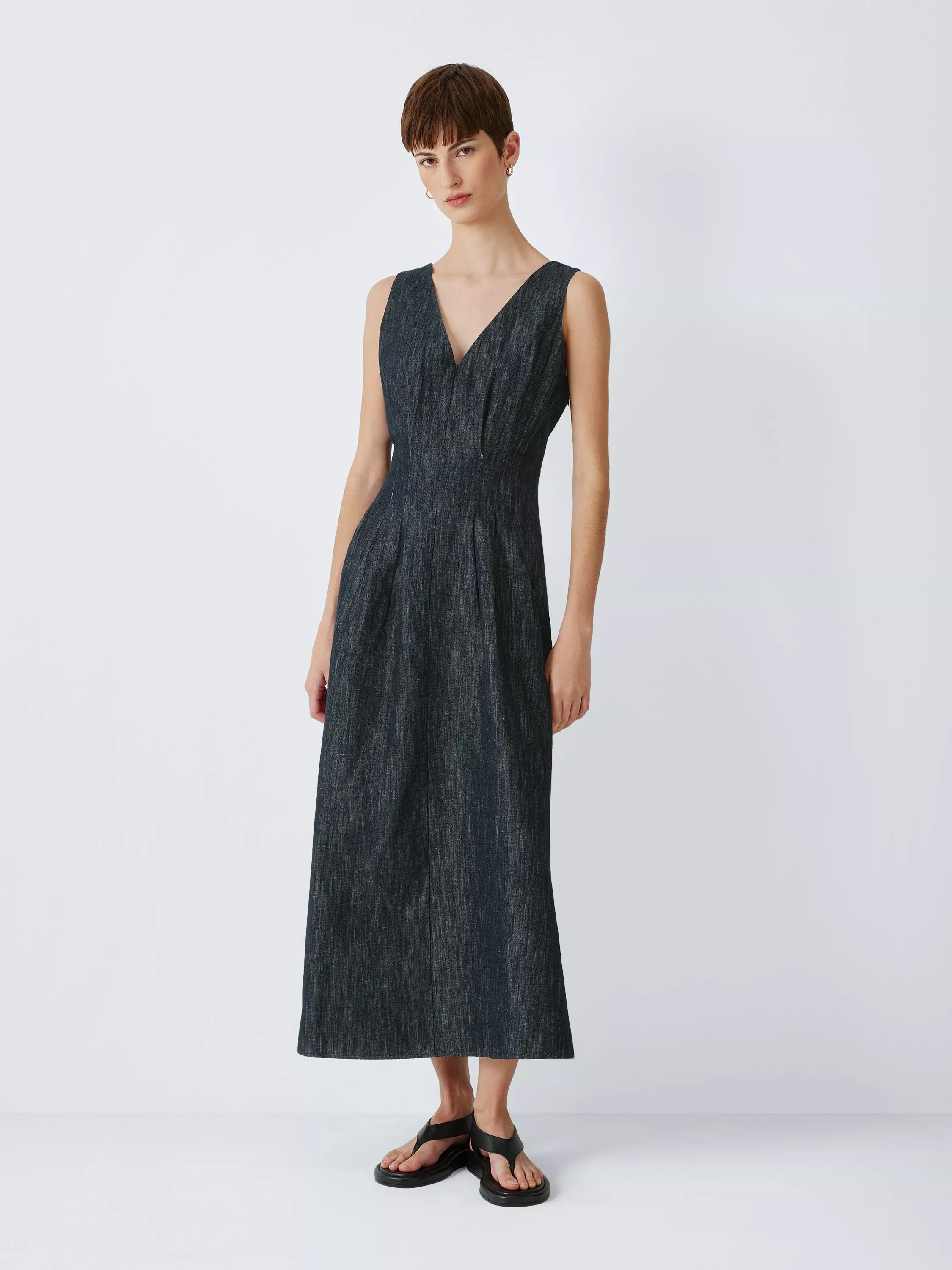 John Lewis Cotton Linen Blend Sleeveless V-Neck Pleated Midi Dress, Dark Blue | John Lewis (UK)