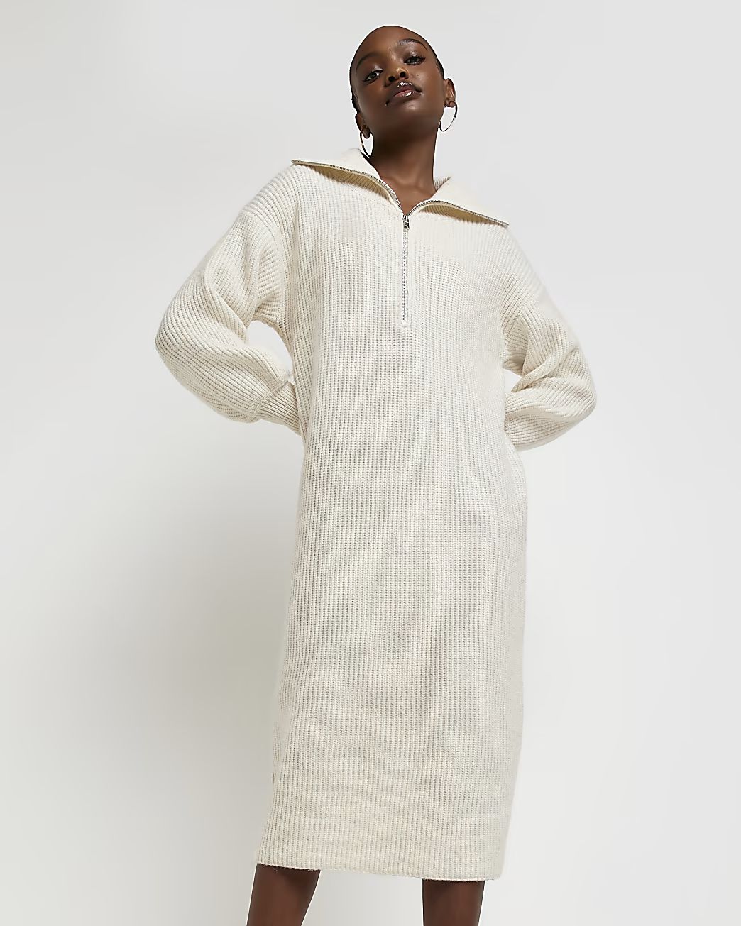 Cream knit half zip jumper midi dress | River Island (UK & IE)