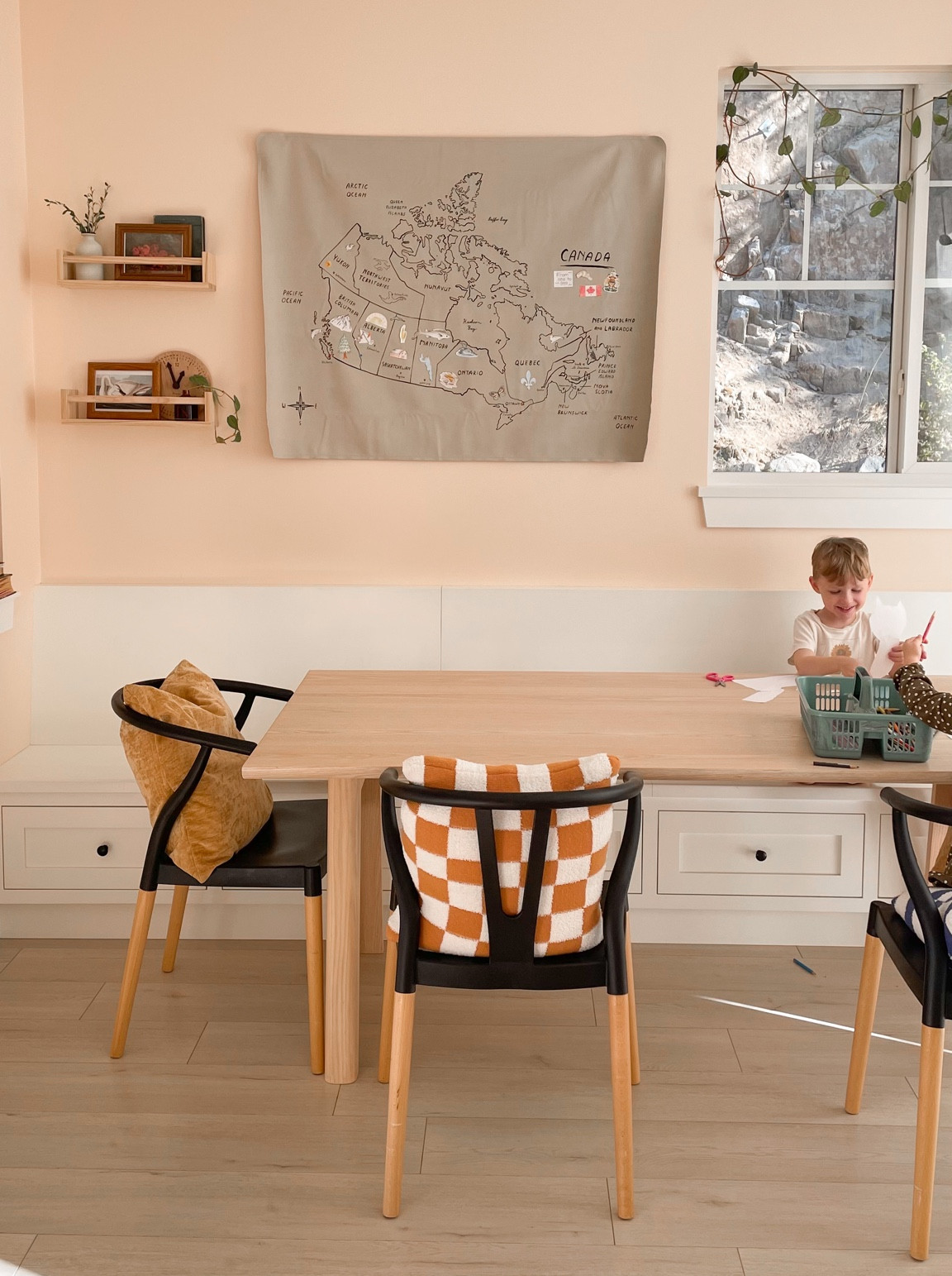 our dining/school table details 🏁 map is Gathre of course and they come in so many varieties! we change out these wall wood shelves decor weekly to go hand in hand with the kids schooling! 

#LTKSeasonal #LTKhome #LTKfamily