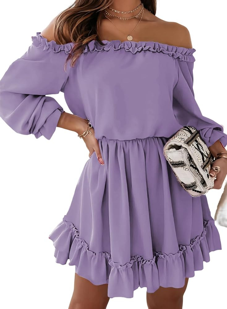 Dokotoo Womens Spring 2024 Ruffle Off Shoulder Dress Long Sleeve Elastic Waist A-Line Casual Swin... | Amazon (US)
