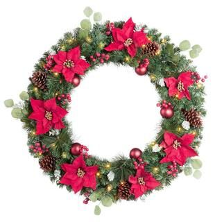 36 in Berry Bliss Battery Operated Mixed Pine LED Pre-Lit Artificial Christmas Wreath with Timer | The Home Depot