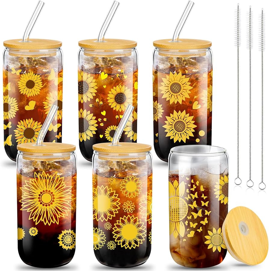 Zubebe 6 Pcs Sunflower Iced Coffee Glasses 16 oz Drinking Glass Cup with Bamboo Lid and Straw Sun... | Amazon (US)