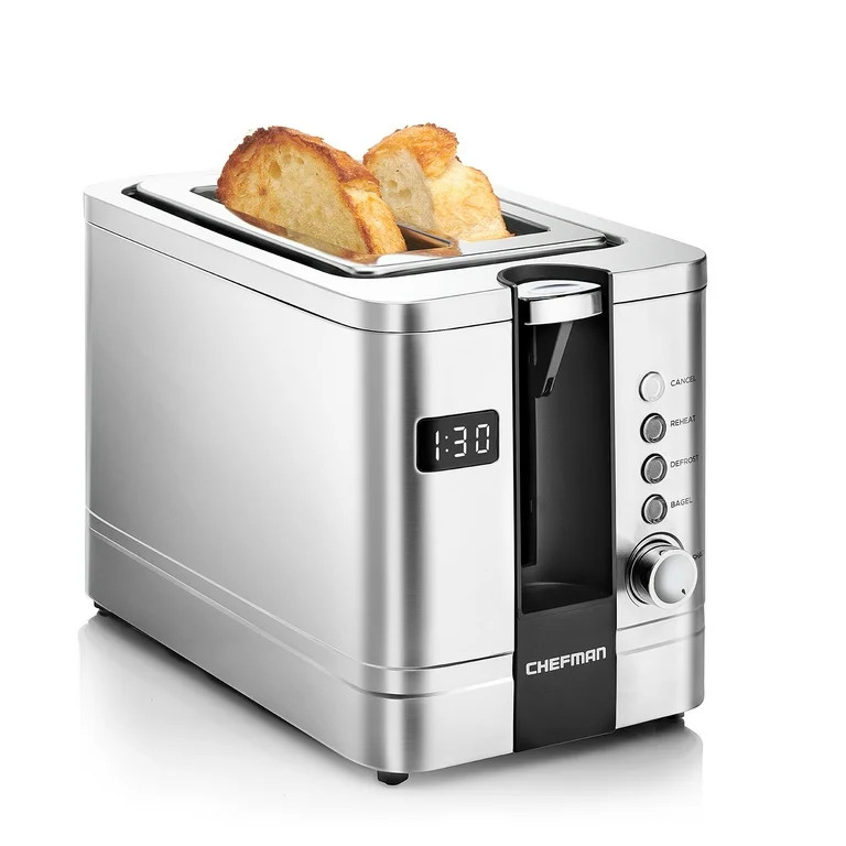 Chefman 2-Slice Digital Pop-Up Toaster, Stainless Steel, Bagel Sized Slots, Removable Crumb Tray | Walmart (US)