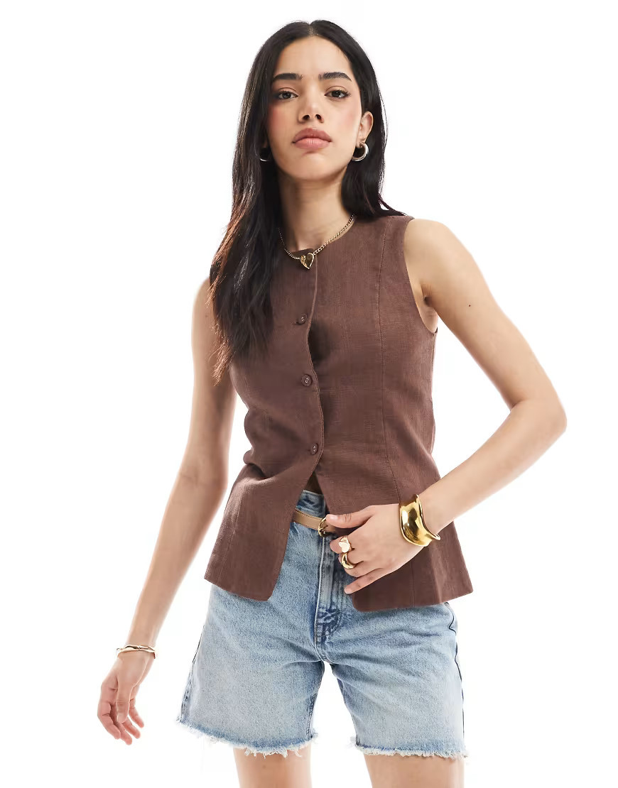 Cotton On Sienna linen cotton vest in brown | ASOS (Global)