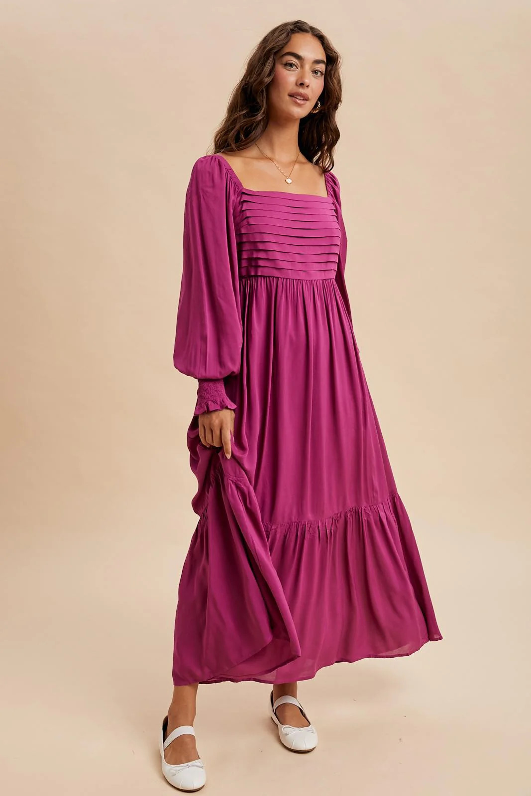 Magenta Pleated Bodice Long Sleeve Maxi Dress | PinkBlush Maternity