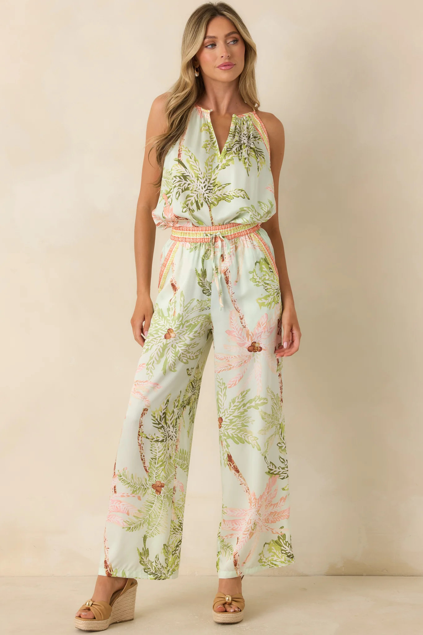 Palm Breeze Seafoam Green Multi Palm Print Sleeveless Top | Red Dress