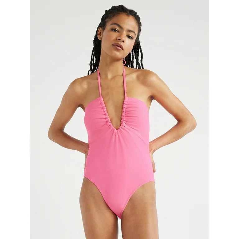 No Boundaries Juniors? Ruched V-Neck One-Piece Swimsuit, Sizes XS-XL - Walmart.com | Walmart (US)