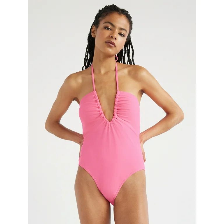 No Boundaries Juniors’ Ruched V-Neck One-Piece Swimsuit, Sizes XS-XL | Walmart (US)