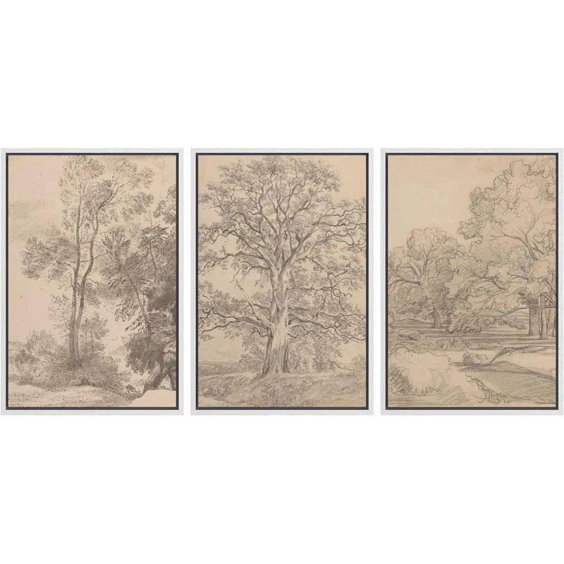 Vintage Forest Tree Sketch Country Farmhouse Nature Landscape Framed Canvas 3 Pieces Print Wall A... | Wayfair North America