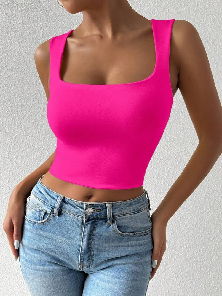 Chiquease Women's Plain Color Pink Cropped Fitted Fashion Tank Top | SHEIN