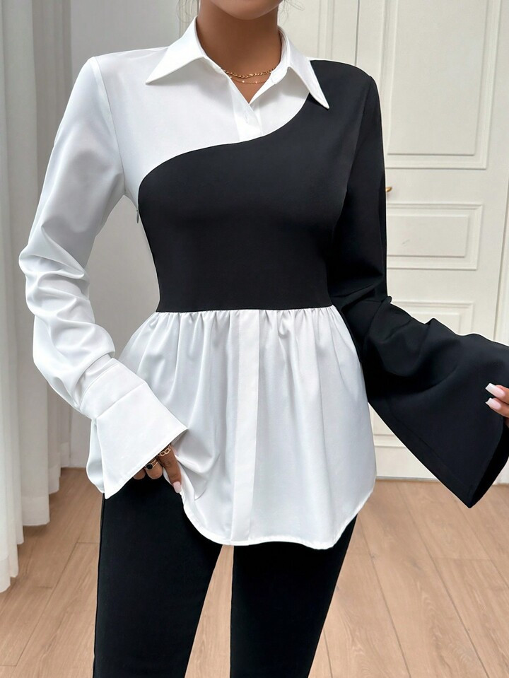 SHEIN Privé Asymmetric Color Blocking Long Sleeve Shirt | SHEIN