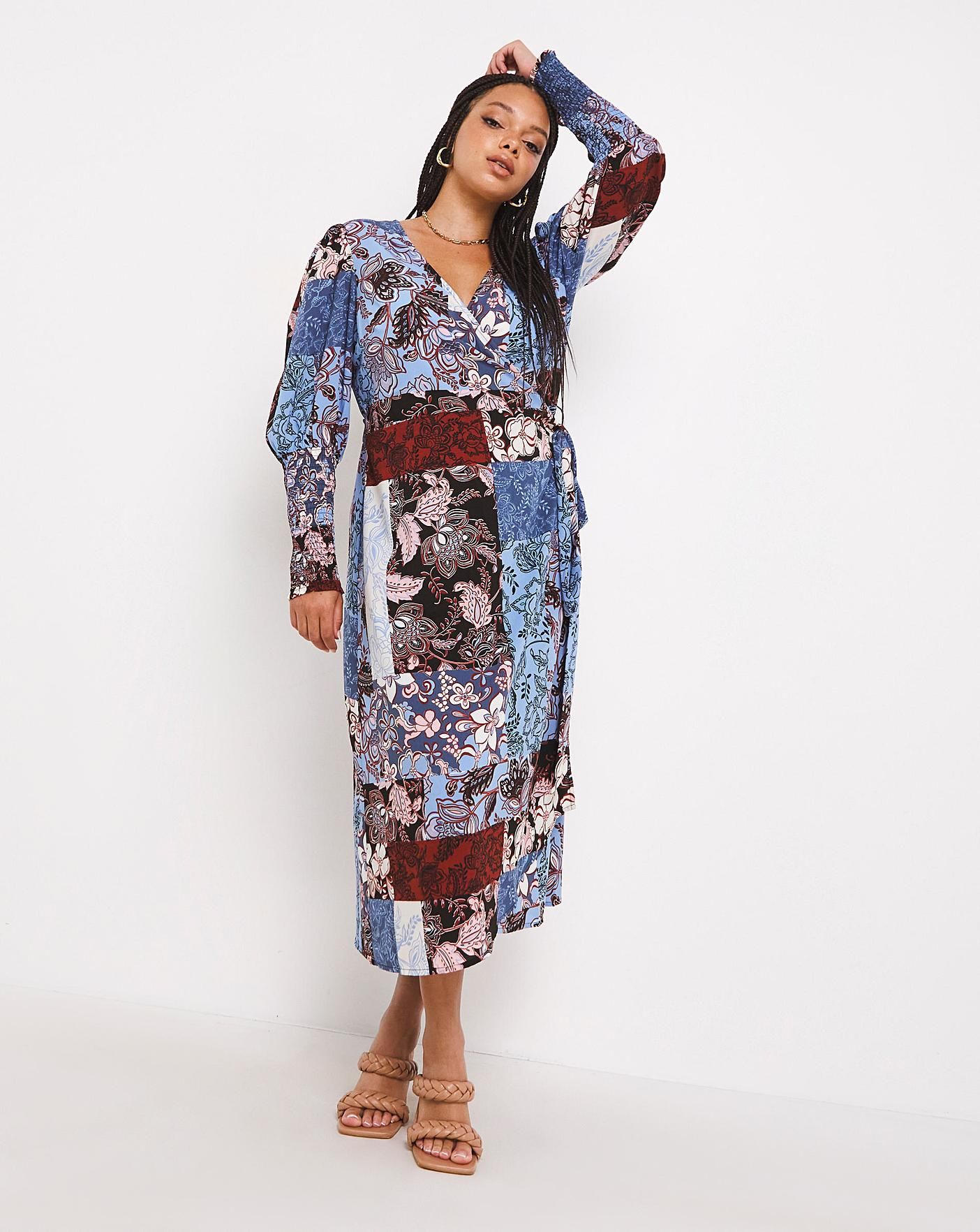 Mixed Print Shirred Sleeve Wrap Midi Dress | Simply Be (UK)