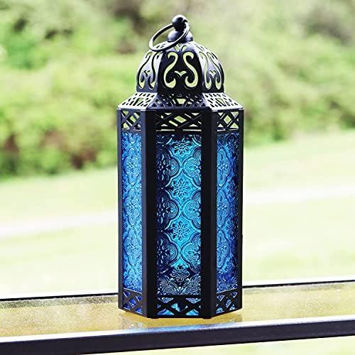 Vela Lanterns Decorative Moroccan Candle Lantern Holder for Decor, Blue Glass, Medium | Amazon (US)