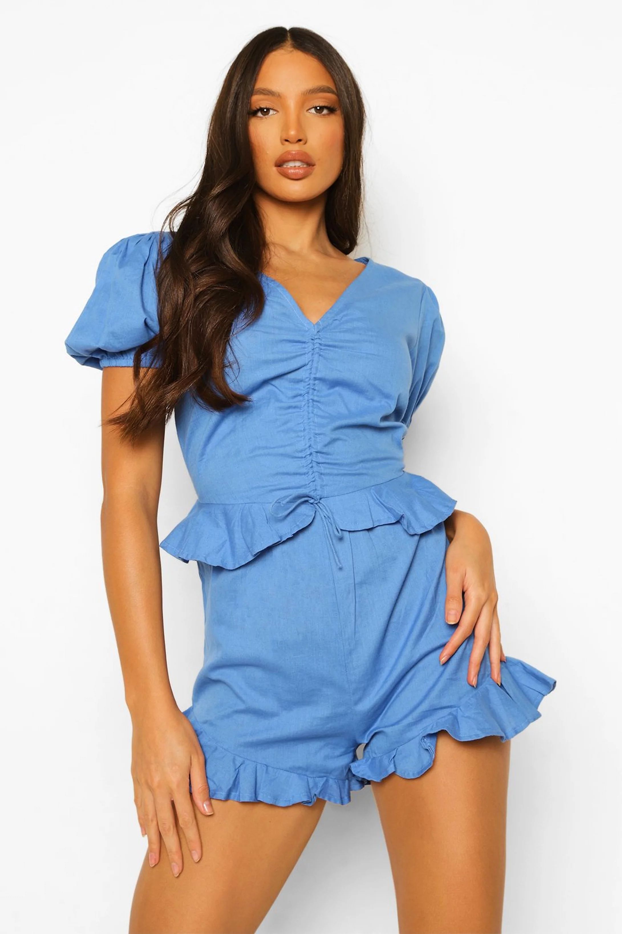 Tall Cotton Linen Ruched Playsuit | Boohoo.com (US & CA)
