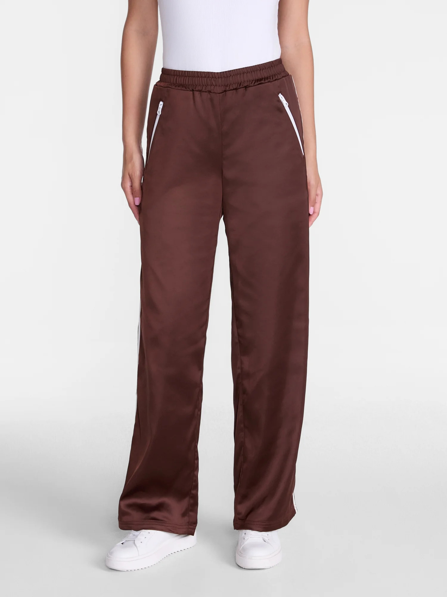 Madden NYC Women's Satin Track Pants with Side Stripes, 31.5" Inseam, Sizes XXS-XXL | Walmart (US)